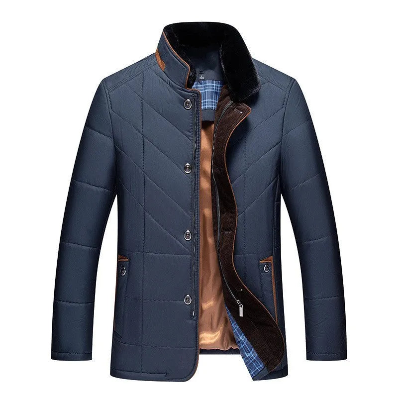 Men's dark blue short winter coat with side pockets and a full zip, showing cotton-padded construction.