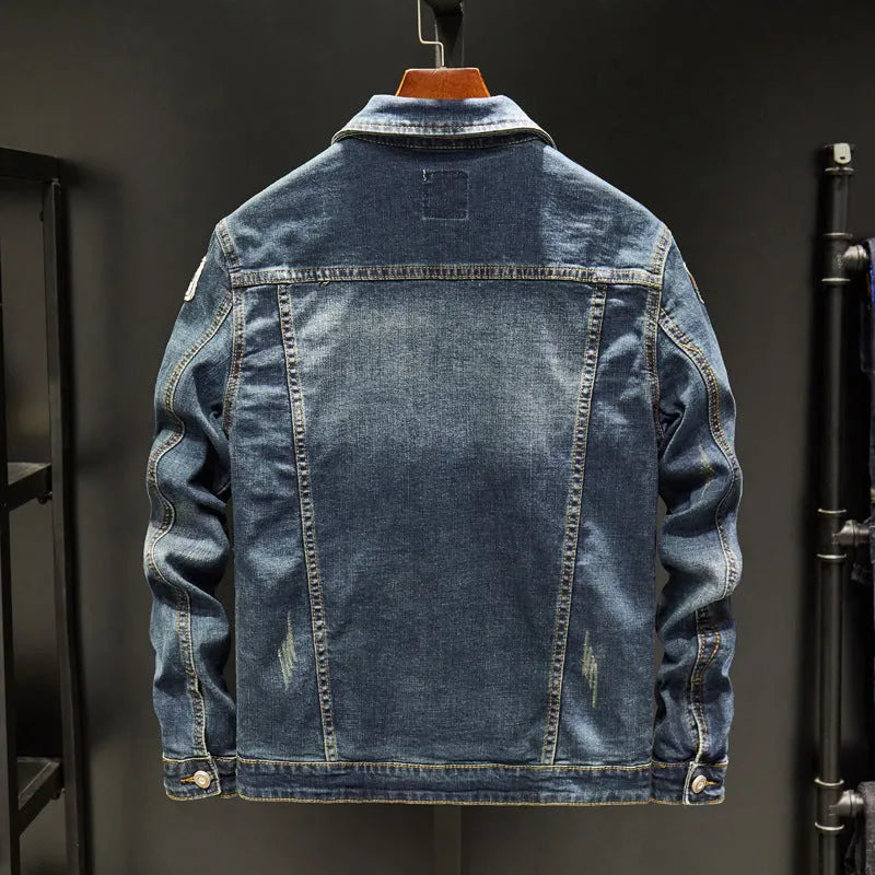 Plus size men's dark blue denim jacket with slim fit, long sleeves, round hem, no hood, cotton fabric
