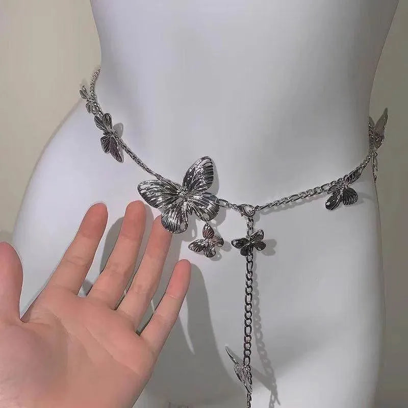 Gold or silver alloy butterfly waist chain showing 40cm decorative section on 104cm length