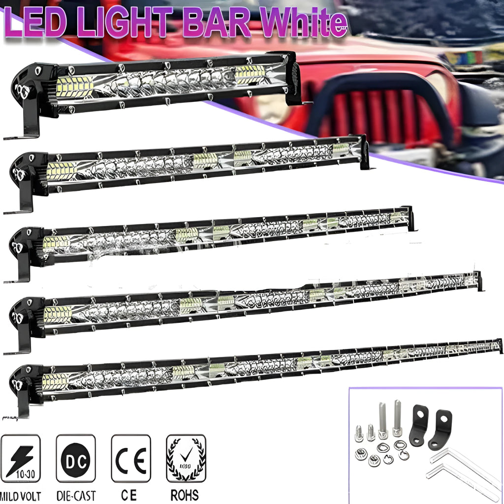 Ultra-thin single row LED light bar for vehicle front bumper or roof.