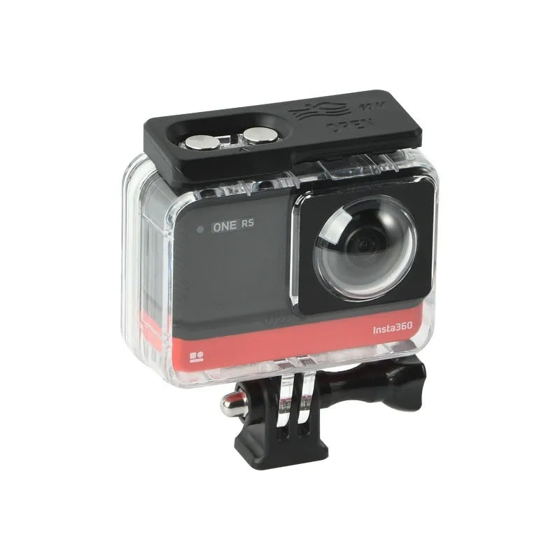 Transparent waterproof case for Insta360 One RS panoramic camera showing dimensions 9x8x4.5cm