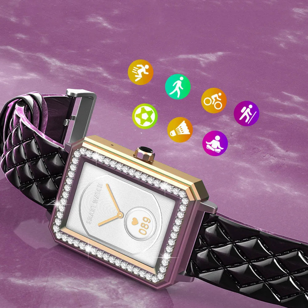 Women's smart bracelet with leather strap showing step count on 1.65-inch screen