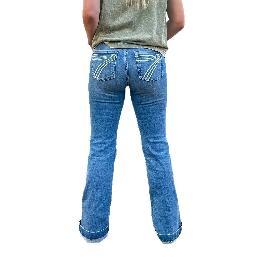 Slim fit flared jeans with embroidery on the leg in blue, red, or white colour options.