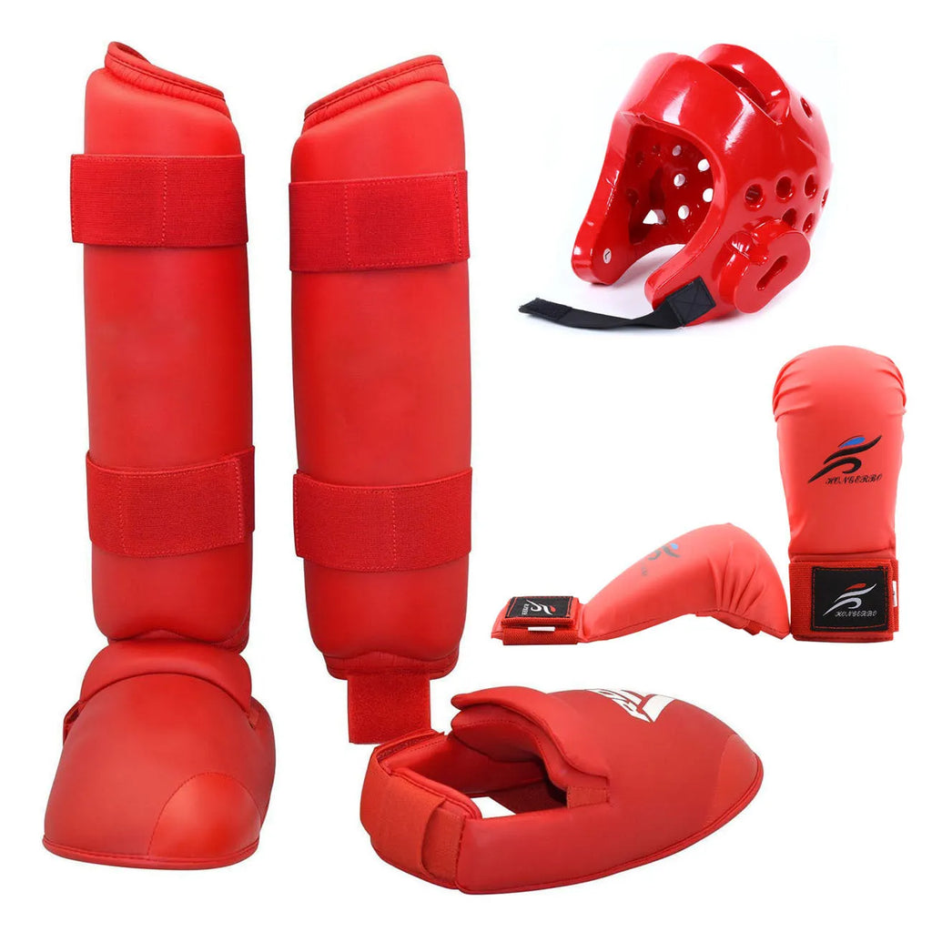 Red and blue karate protective gear set with helmet, boxing gloves, and leg guards for martial arts training