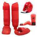 Red and blue karate protective gear set with helmet, boxing gloves, and leg guards for martial arts training