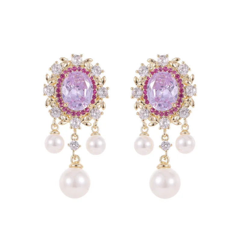 Oval geometric earrings with zircon inlay and pearl tassels in pink, blue, purple, and white colour options