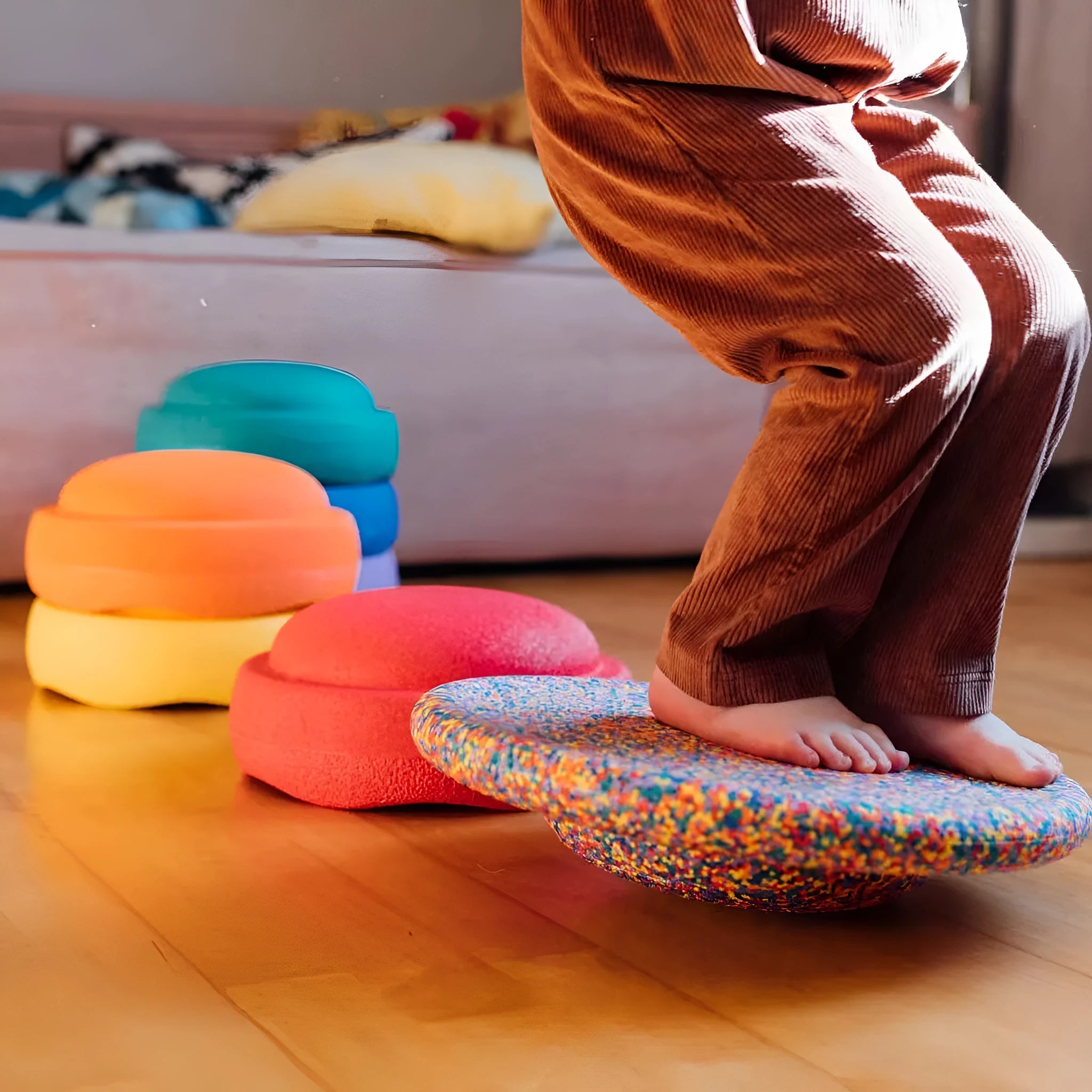 Plastic wood surf balance board for children aged 4-6 with mixed colour wood grain and black design.