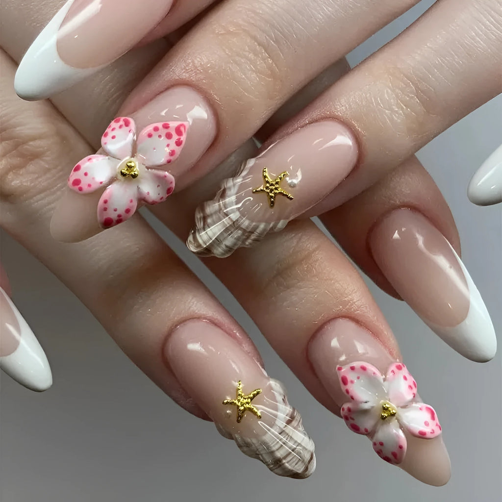 French style fake nails with rock pattern patch and simple flower design in plastic nail kit