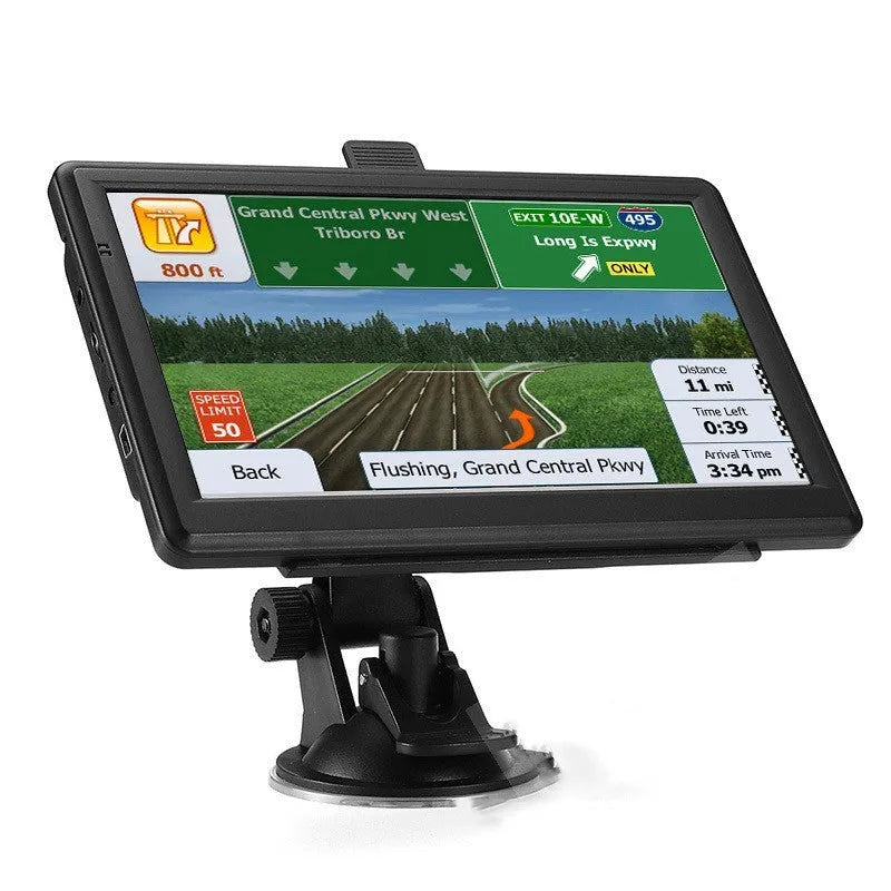 Black portable car GPS navigation device with 7-inch touch screen mounted on a bracket.