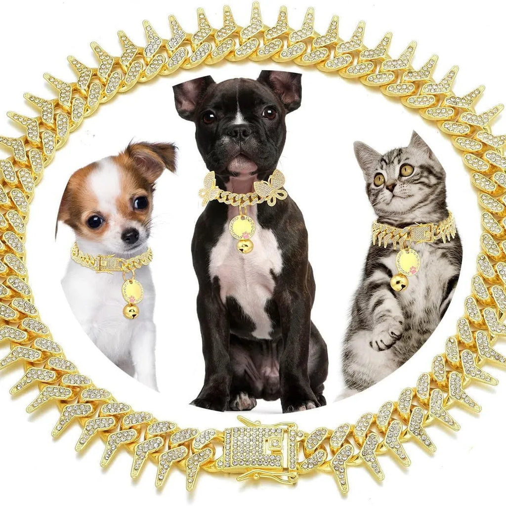 Zinc alloy diamond pet neckband necklace in gold with British style plaid pattern, sized for dogs