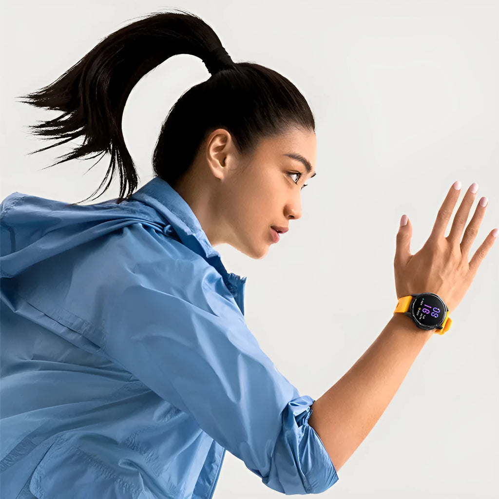 Smart watch with dual-band GPS and heart rate monitoring on silicone strap in black, white, or blue