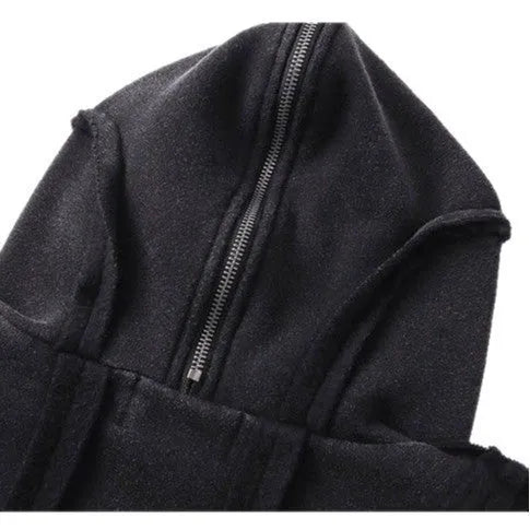 Black padded cotton hooded coat with abstract pattern and zip front in loose retro style