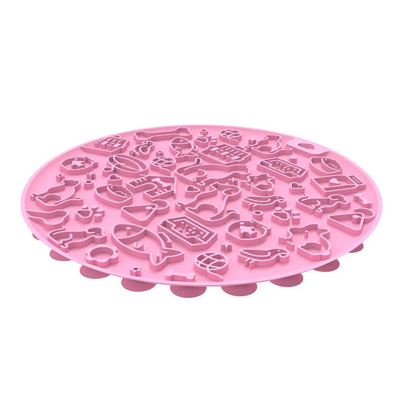 Round silicone pet licking mat with textured surface and suction cups in various colours