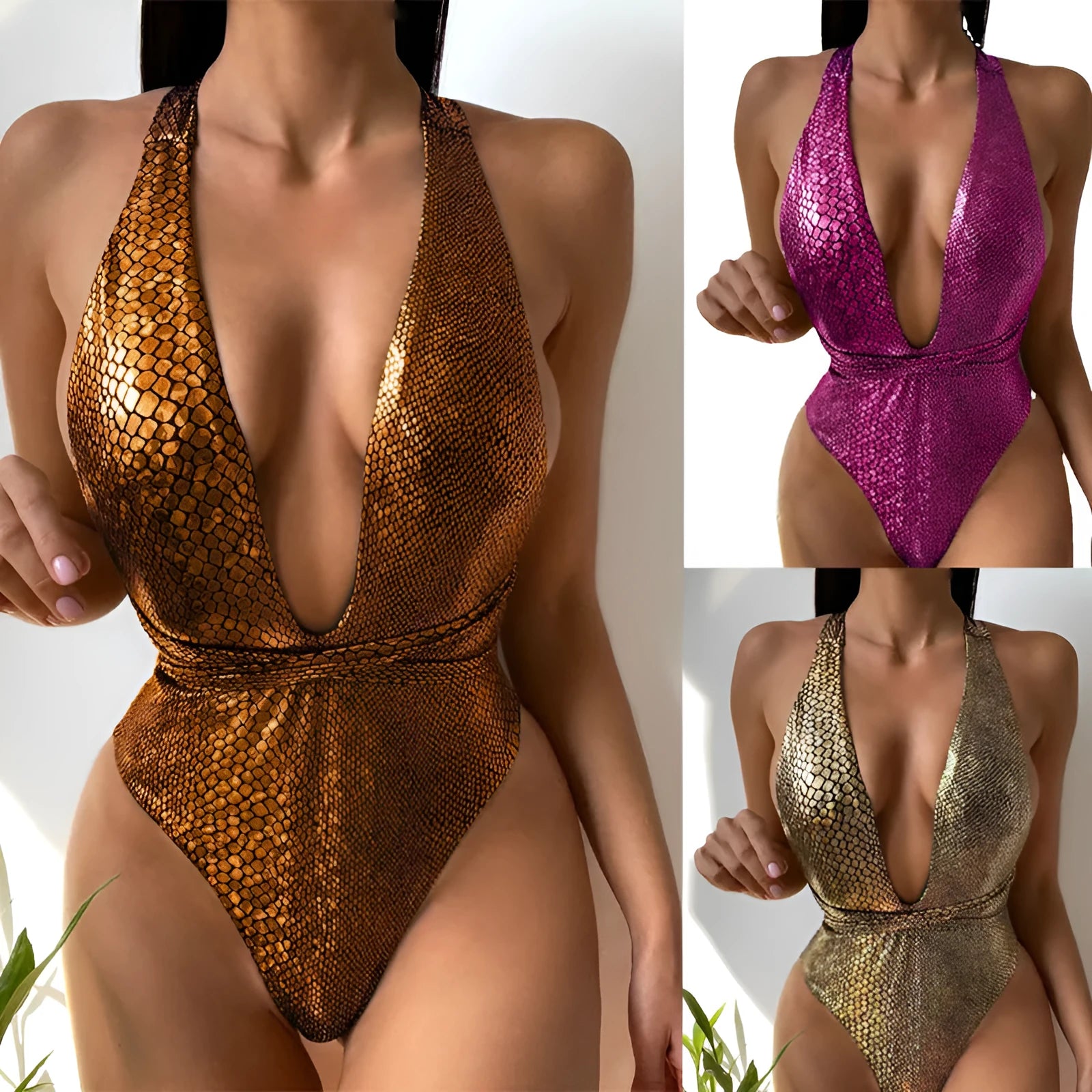 Women's sequined one-piece bikini swimsuit on a mannequin, showing solid colour and glitter detail.