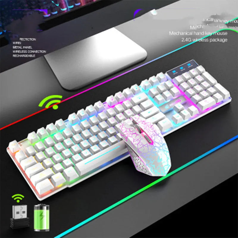 Wireless charging keyboard and mouse set with backlight and ergonomic design in black rainbow colour option
