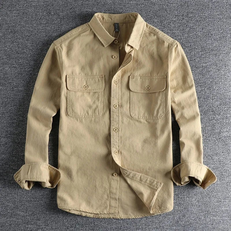 Men's loose fit long sleeve cardigan shirt in polyester available in light grey, black, khaki and green colours