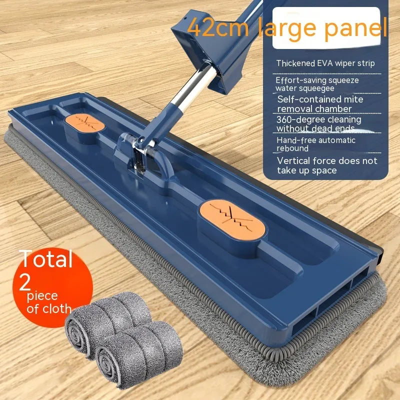 New style large flat mop with long stainless steel handle and blue cleaning cloth on a hard floor