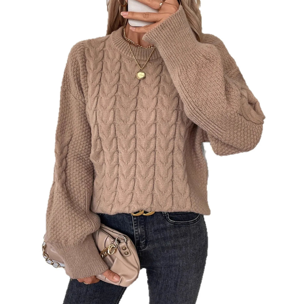 Women's loose casual sweater with twist detail in solid khaki colour