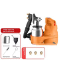 Electric watering can spray gun with plastic body and split aluminium pot on a table