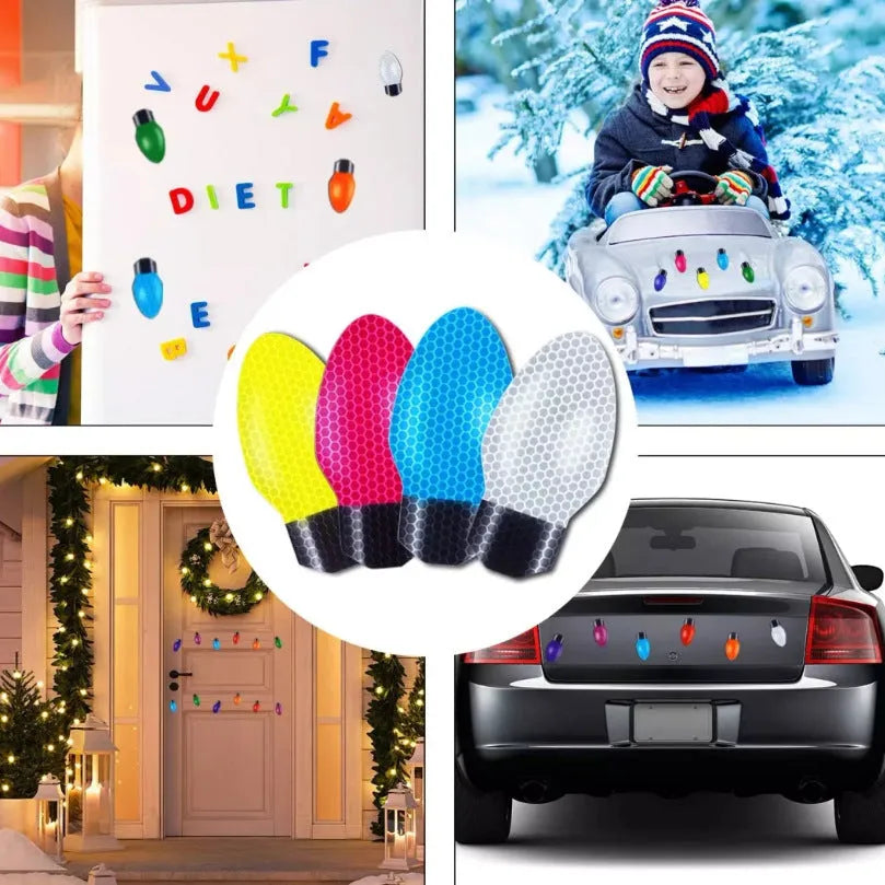 Set of magnetic reflective Christmas light bulb and wire stickers on a car door.