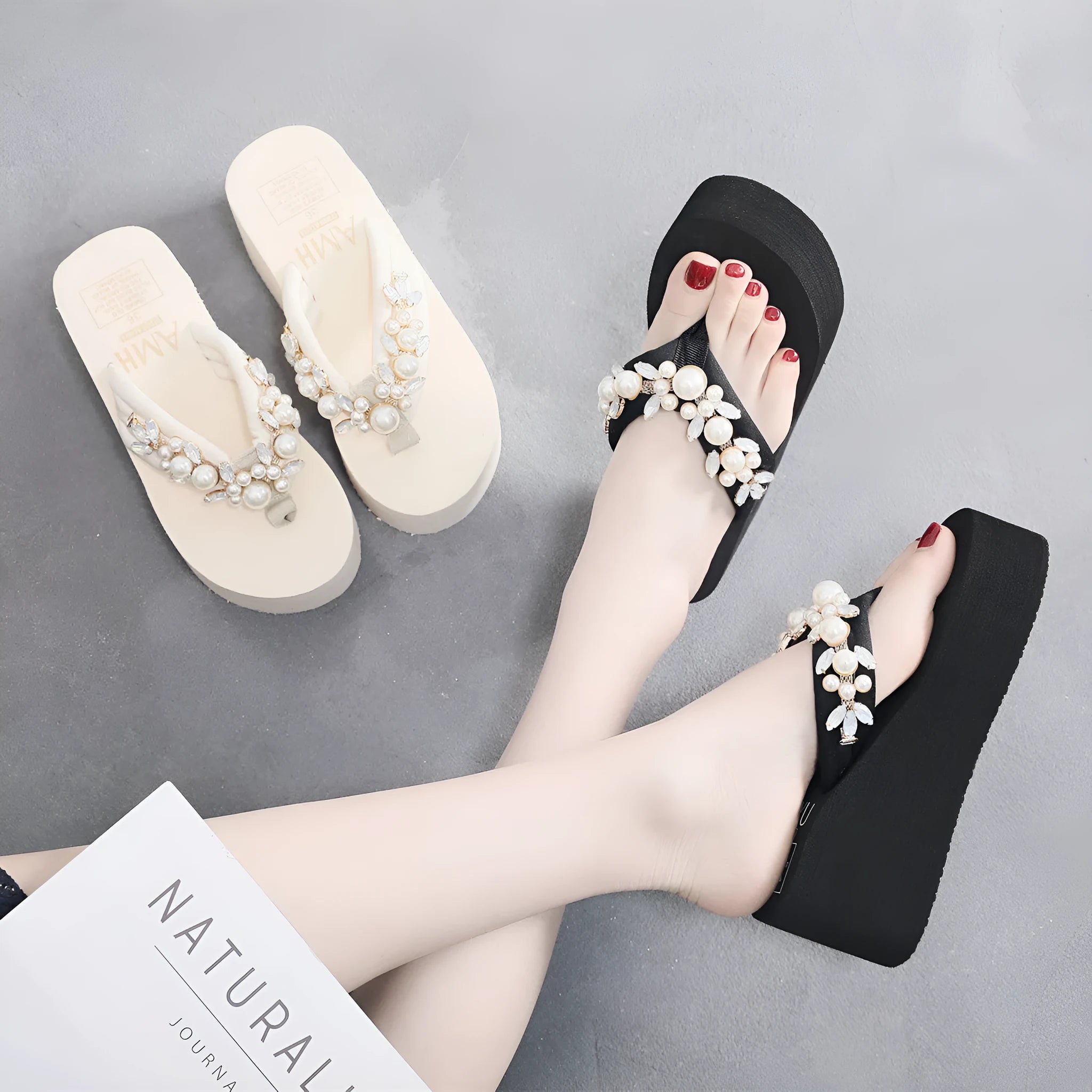 Women's high-heeled flip-flop in beige with a cotton cloth upper, shown from the side.