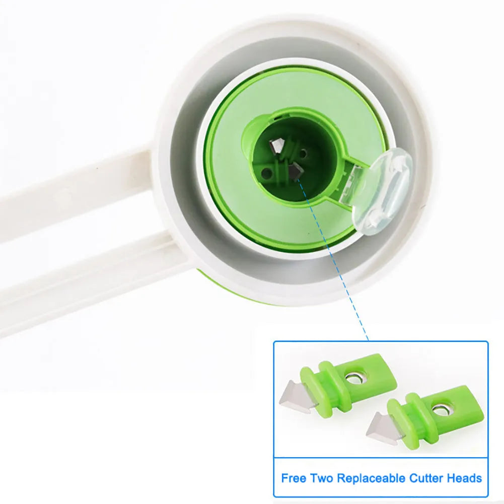 Orange and green plastic round paper cutter for A3 sheets on a table.