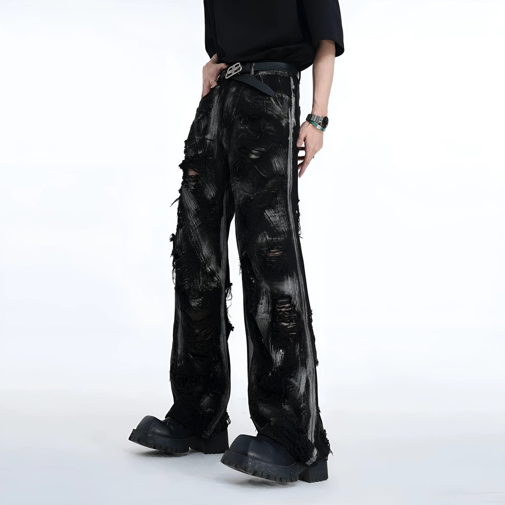 Men's American high-street style denim jeans with graffiti detailing in black and grey pink colour options