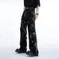 Men's American high-street style denim jeans with graffiti detailing in black and grey pink colour options