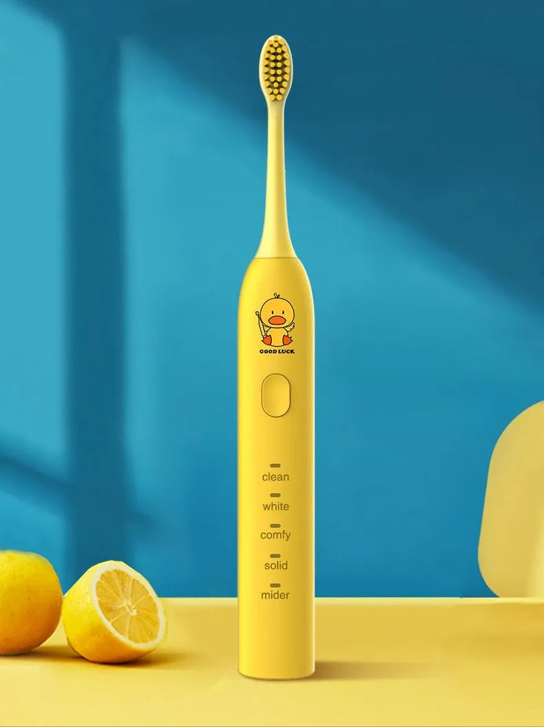 Yellow rechargeable electric toothbrush with USB charging port and soft bristle brush head