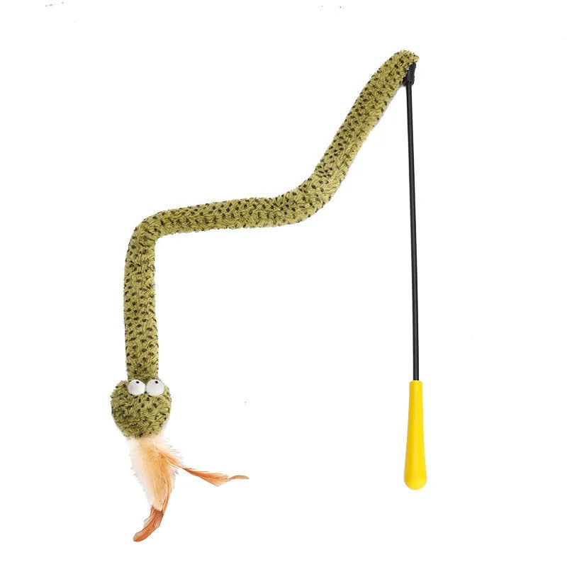 Green snake-shaped cat teasing stick toy with feather attachment on 140cm pole