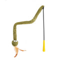 Green snake-shaped cat teasing stick toy with feather attachment on 140cm pole