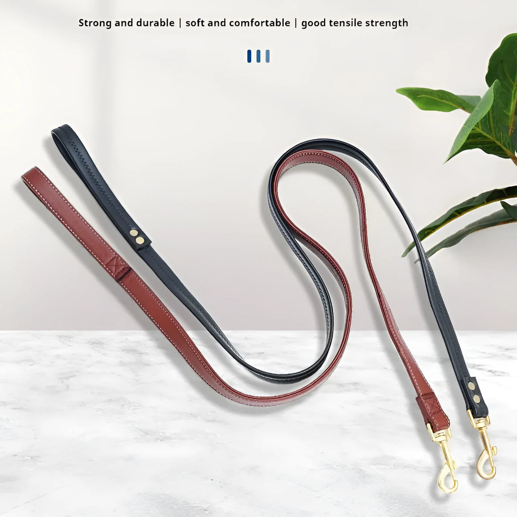 Black PU leather pet traction belt with metal chain rings for lead attachment