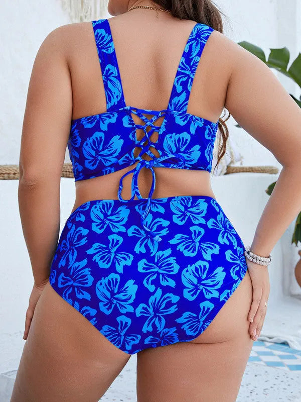 Blue floral patterned women's bikini top and pants on a mannequin