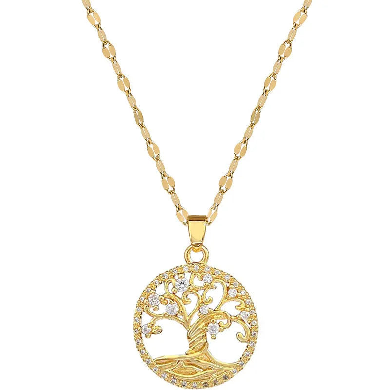 Gold lucky tree pendant necklace with mother-of-pearl and rhinestone zircon on adjustable 41-50cm chain