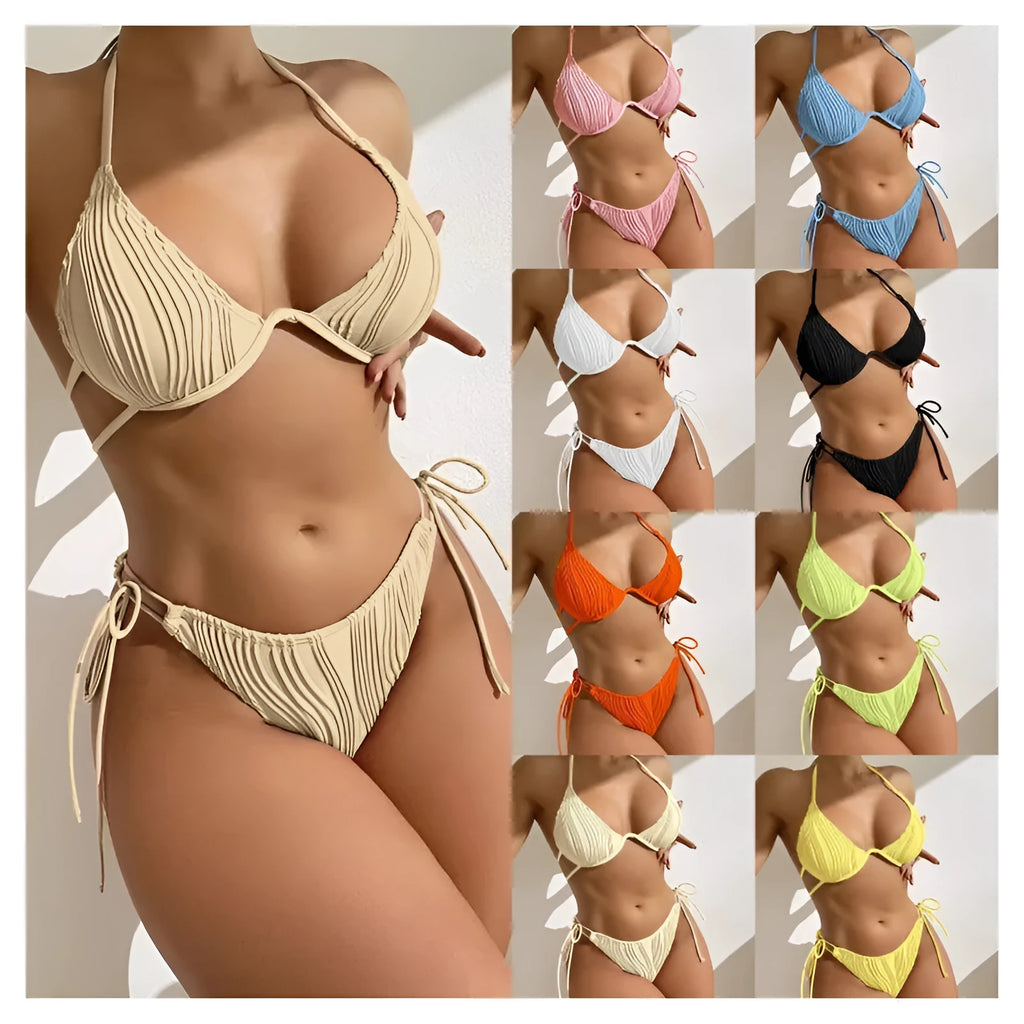 Women's apricot coloured bikini swimsuit with underwire support on a mannequin.