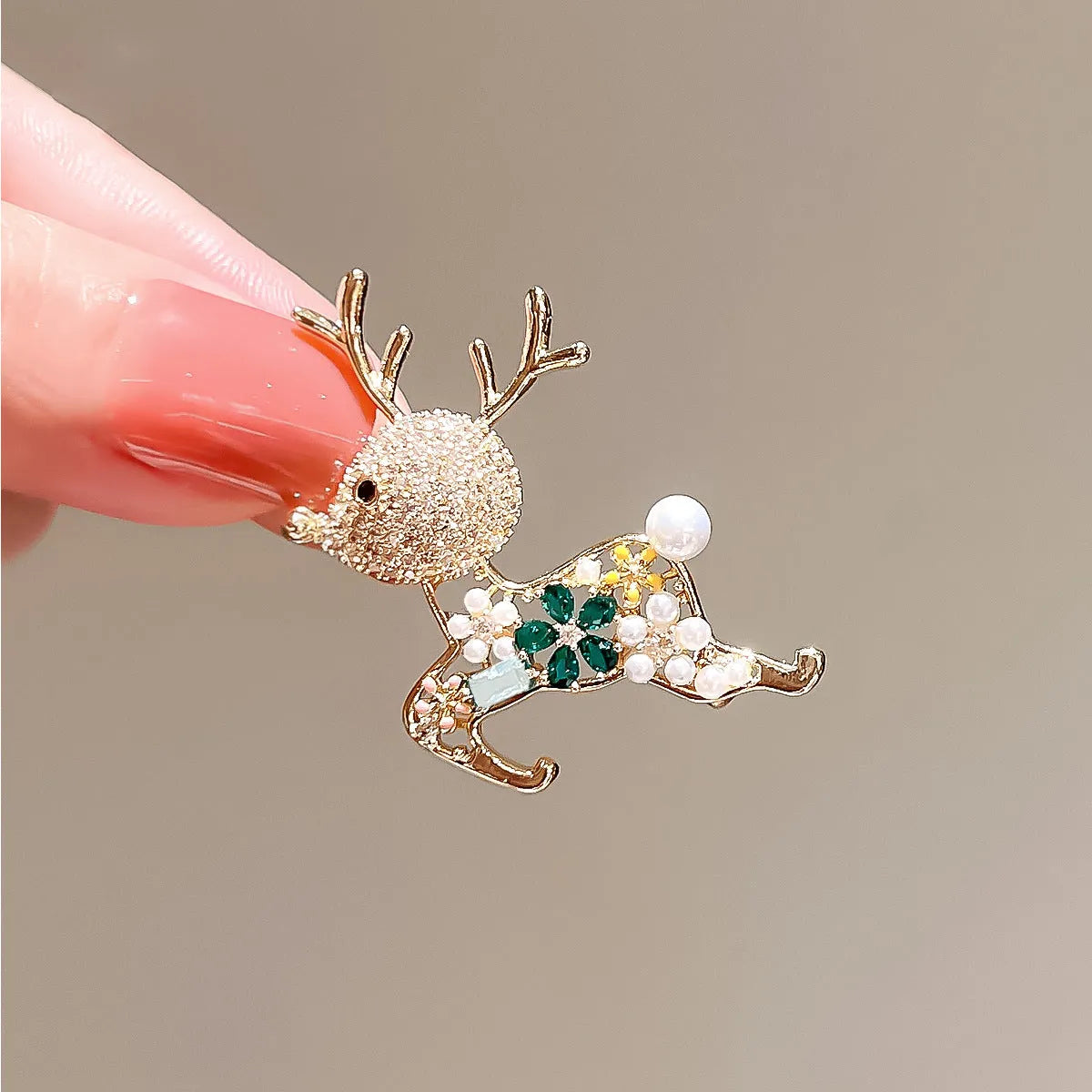 Cute deer alloy brooch with floral shape and cartoon deer in 371 Sika Deer colour