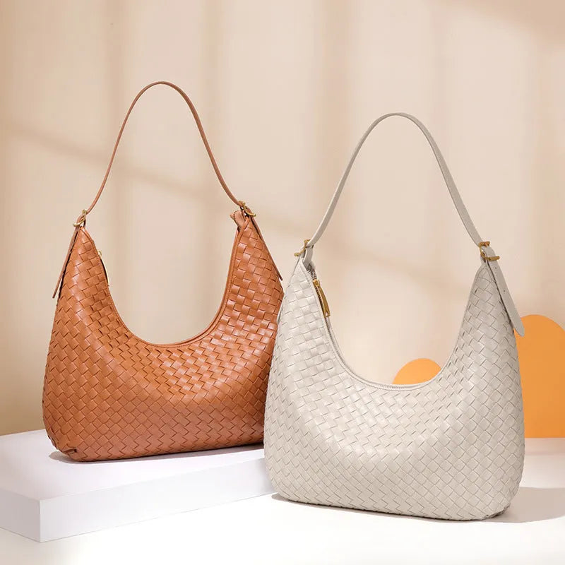 Fashionable large capacity French tote bag in soft PU with woven texture and sandwich pocket