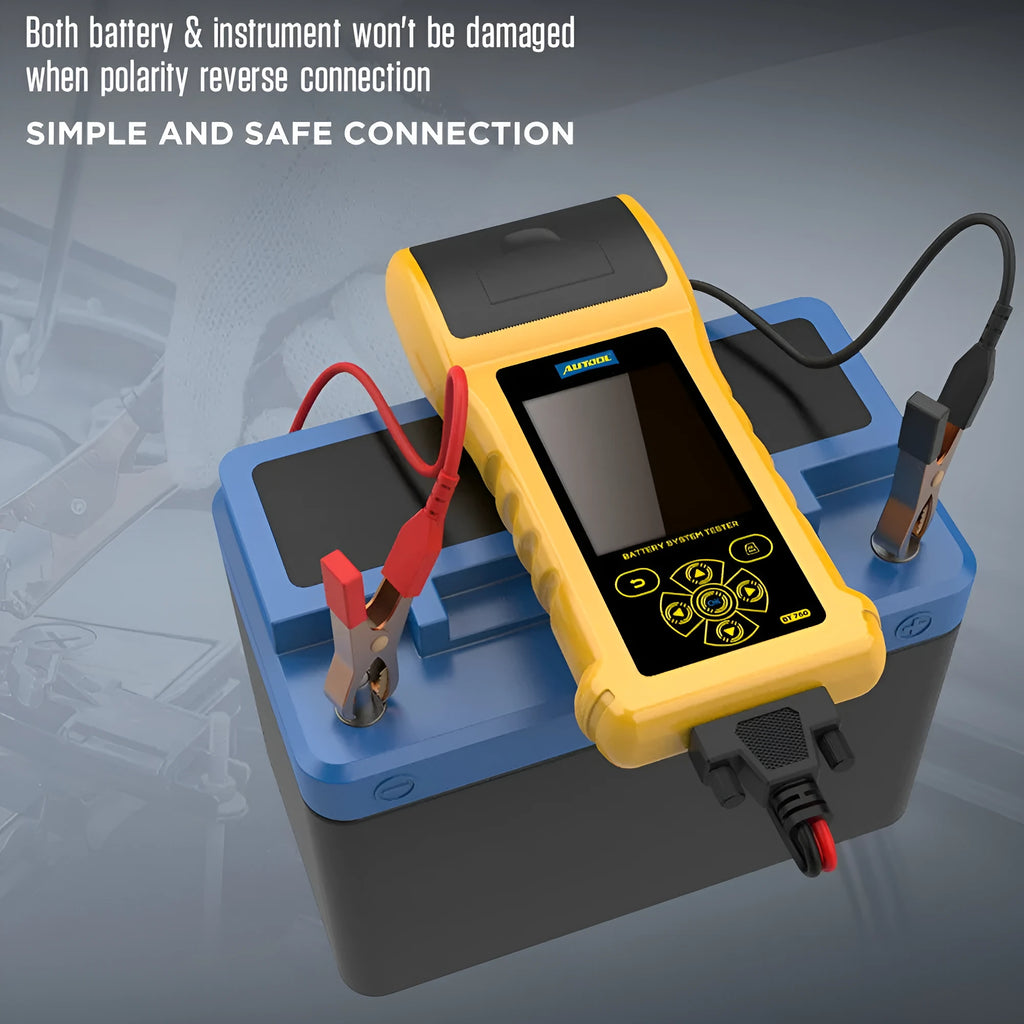 Autool BT760 colour screen vehicle battery tester with clip leads and printed diagnostic receipt.