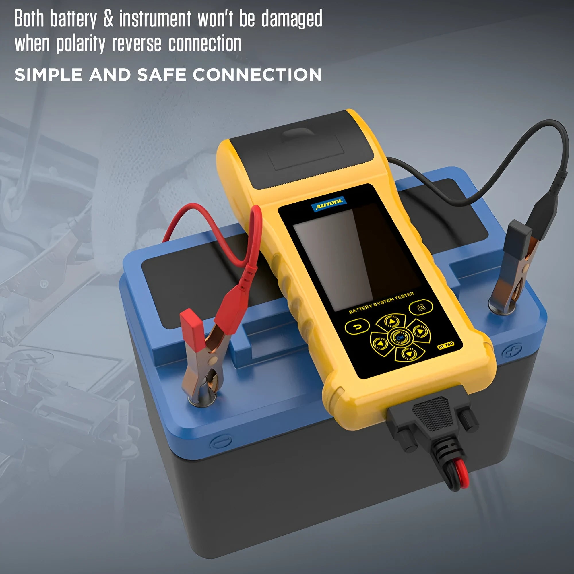 Autool BT760 colour screen vehicle battery tester with clip leads and printed diagnostic receipt.