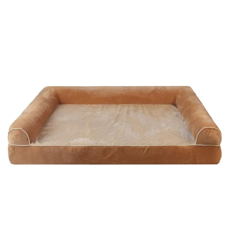 Square cloth dog bed with sponge filling shown in blue, available in multiple sizes for small to large dogs.