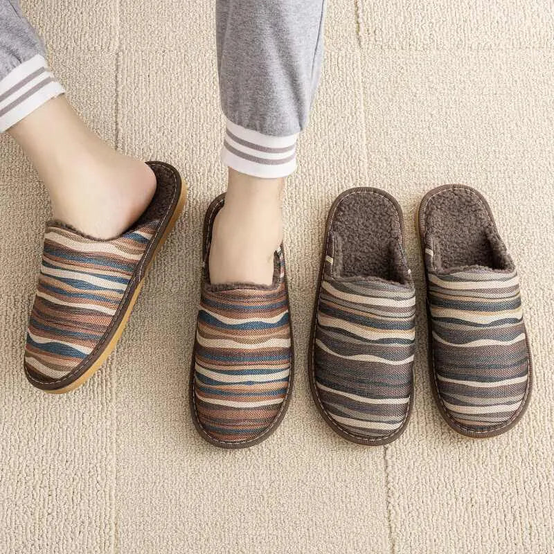 Linen surface cotton winter slippers with PVC sole in various colour patterns and sizes