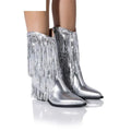 Women's black chunky heel ankle boots with tassel detailing and a high stiletto heel.