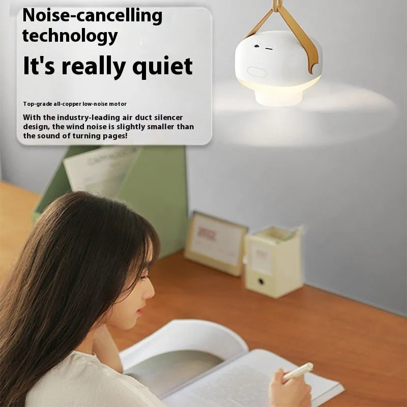 Small white rechargeable ceiling fan with remote control and wire bracket for camping tents