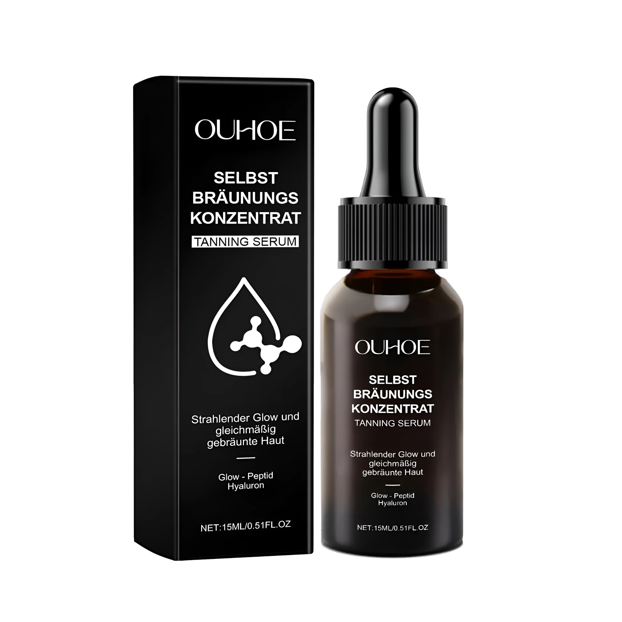Meihei self-tanning liquid bottle, 15ml capacity with hyaluronic acid and oligopeptide-1.