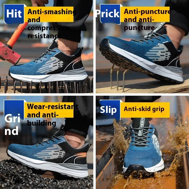 Blue men's safety work shoes with mesh upper, plastic toe cap, and lace-up front.