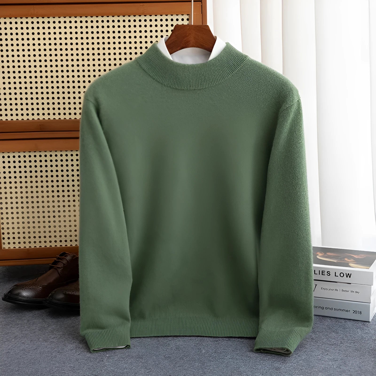 Men's loose fit half-turtleneck wool sweater in a rough yarn knit, shown in a range of colours.