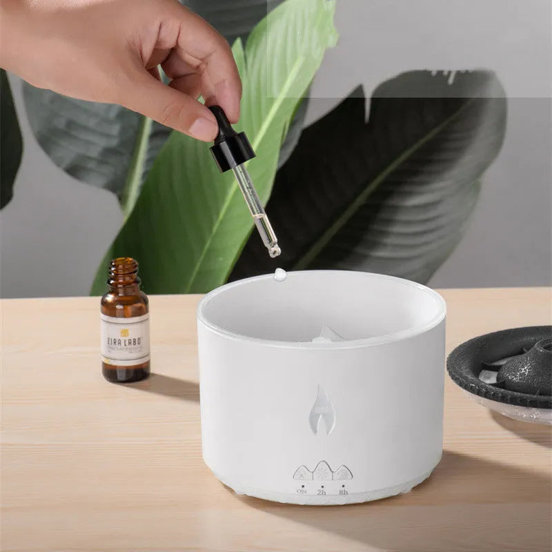 Round volcanic aromatherapy humidifier with two-colour night light in spray ring, 0.5L water tank capacity