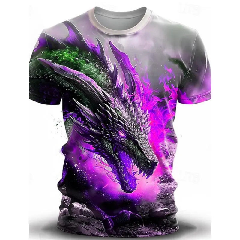 Men's grey T-shirt with raised 3D wind dragon design on front, short sleeve casual style