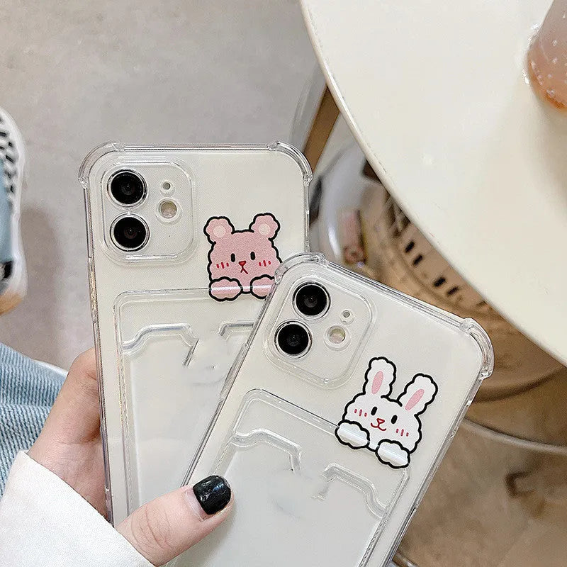 Clear cartoon design iPhone case with card slot on back for iPhone 13 and other models