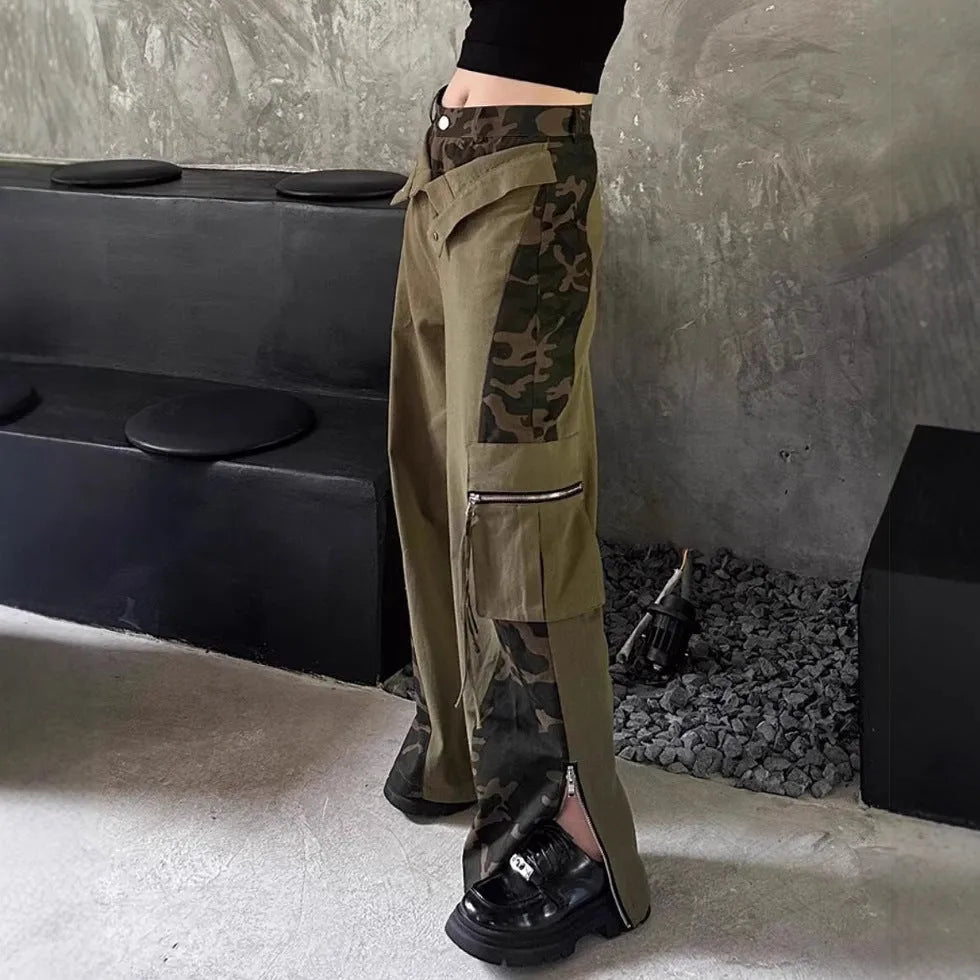 Dark khaki leopard print high waist tooling pants with fake two stitching detail on straight leg denim jeans